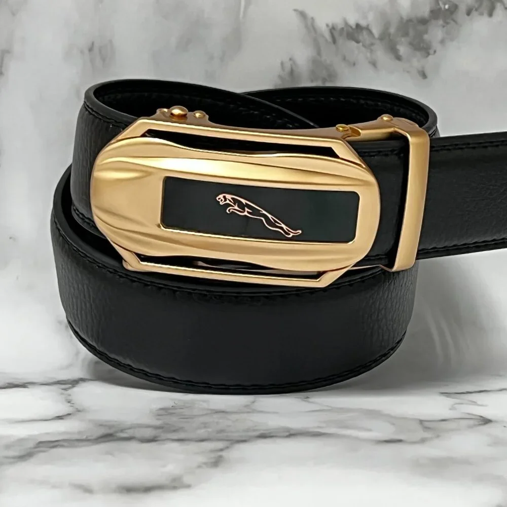 Black Leather Belt Automatic‎ Buckle Slide NoHole Strep Ratchet Gold Car Metal